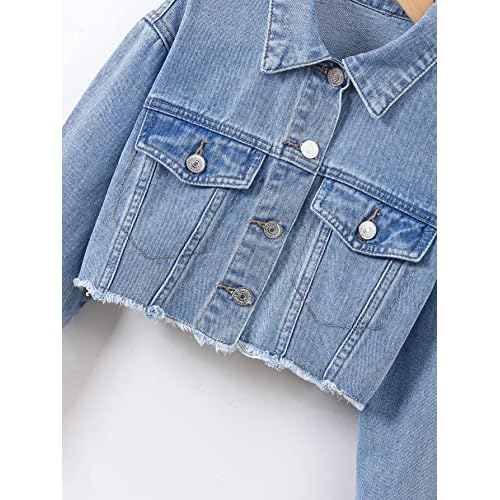 Verdusa Girl's Raw Hem Crop Denim Jacket Long Sleeve Shacket Single Breasted Spring Fall Outerwear