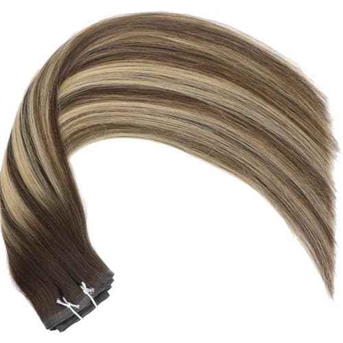 Seamless Clip in Hair Extensions Remy Human Hair, 20 Inch 120G, Rooted Chocolate Brown Base Mixed with Caramel Blonde, Balayage Invisible PU Clip In Hair, Skin Weft Human Hair Extensions