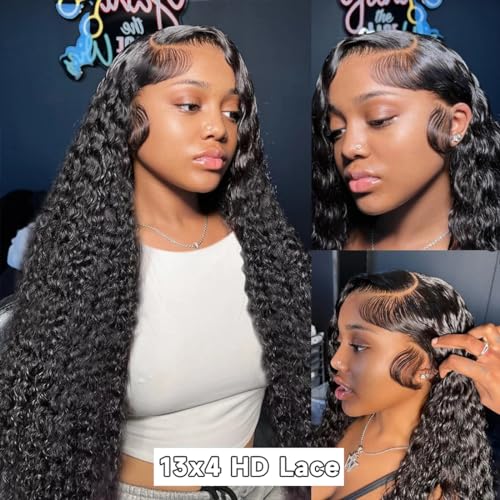 WINOW Deep Wave Lace Front Wigs Human Hair Pre Plucked 180% Density HD Transparent 13x4 Lace Frontal Wigs For Women Human Hair Lace Front Wigs Deep Curly Lace Front Wig (34 INCH)