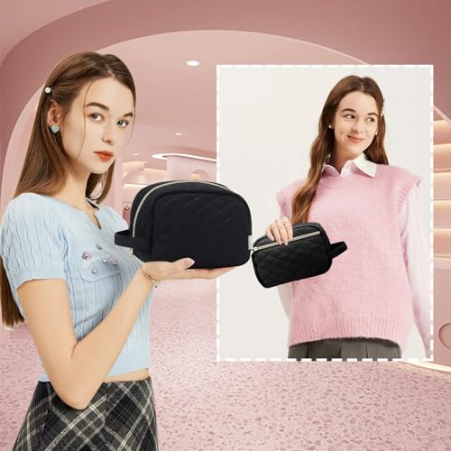 MAXTOP Black Quilted Makeup Bag Small Makeup Pouch for Women Travel Essentials Waterproof Travel Bag for Cosmetics Toiletries Accessories£¨Black£©