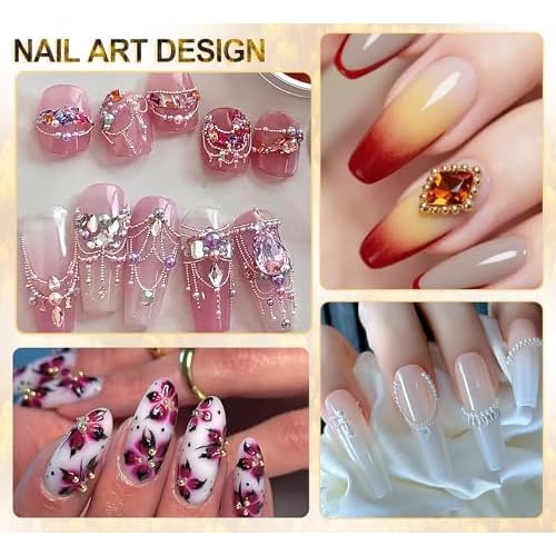 4390pcs Gold Nail Charms Caviar Beads for Nails, 2 Box Silver & Gold Beads for Nails and Flatback Pearls for Nail Art Supplies, Chloe Golden Caviar Chain for Nail Decals Jewelry Accessories