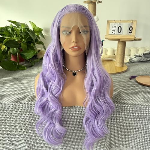 RONGDUOYI Lavender Body Wave Lace Front Wig Synthetic Hair For Women Ready To Wear Glueless Light Purple Wig Heat Resistnt Natural Hairline Long Hair Cosplay 24Inches