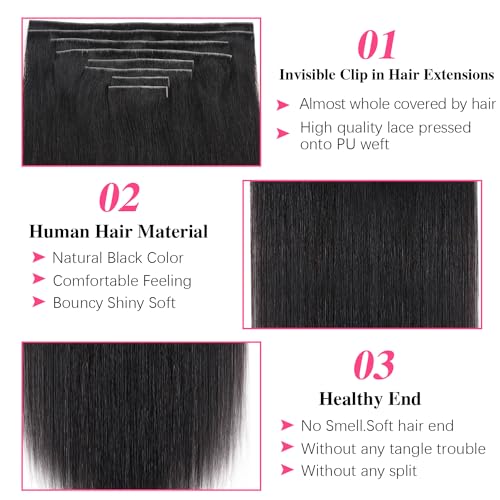 Injected Clip in Extension Human Hair Invisible Clip Ins for Women Brazilian Injected Clip ins Human Hair Natural Color 8 Pcs with 18 Clips 120g/Set (22 inch)
