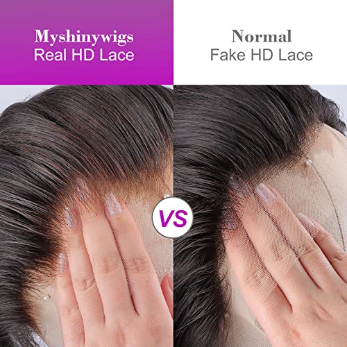MY SHINY WIGS Real HD Lace Frontal 13x4 HD Frontal Ultra Thin Bleach Knots Virgin Human Hair Pre Plucked with Baby Hair Undetectable & Invisible Lace Straight 16 Inch