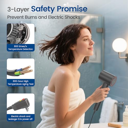 Hair Dryer with Diffuser,1-4min Fast Dry by 1400w, 3 Heat/Cool Wind Level,0.86lb Lightweight, 49db Low Noise, 2 Billion Plasma, Industry-Leading High-Speed Brushless Motor Blow Dryer for Home Travel