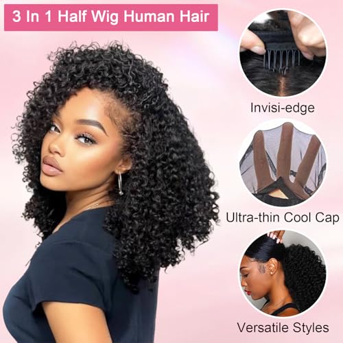 Half Wig Curly Human Hair 200% Density 3 In 1 Drawstring Seamless Clip Ins Flip Over Half Wigs for Black Women 20 Inch Kinky Curly Drawstring Headband Human Hair Wig Beginner Friendly