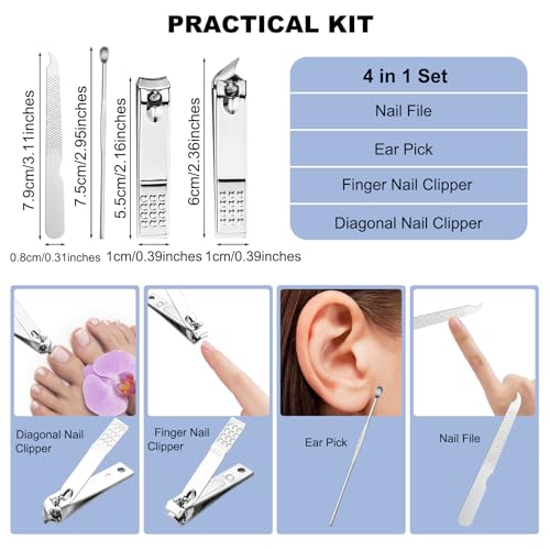 200 Sets Finger Nail Clipper Set Bulk,4 in 1 Adult Stainless Steel Travel Manicure Kit with Case Individually Wrapped Nail Clippers Bulk for Homeless,Hotel,Charity(2 Colors)