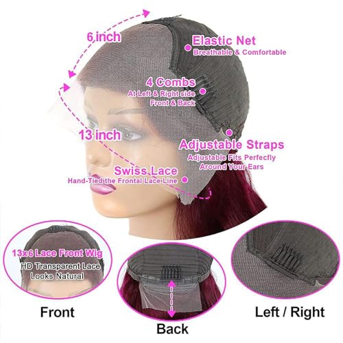 28 Inch 99j Burgundy Lace Front Wigs Human Hair Red Burgundy Wig 180% Density 13x6 Body Wave Lace Front Wigs Pre Plucked Glueless Lace Front Wigs Human Hair for Women