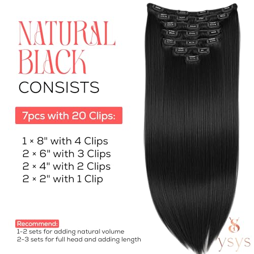 YSYS Clip in Hair Extensions - 100% Human Hair Remy Hair Extensions for Women - 7 Pieces, 120g Seamless Clip ins for Extra Volume/Style - Natural Straight (Jet Black #1, 22 inches)