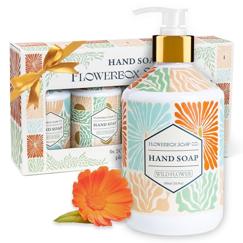 FlowerBox Liquid Hand Soap with Pump ? Set of 4 Scented, Decorative Hand Soap Dispensers for Bathroom and Kitchen ? 500 mL Luxury Floral Mosaic Bottles, Gift Pack