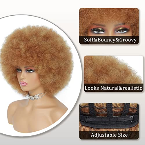 Afro Wig - Soft 70s Afro Wig For Women Blonde Afro Kinky Curly Hair Wigs With Bangs Ash Blonde Short Curly Wig For Men Bouncy Afro Puff Synthetic Hair Afro Wig For Daily Party Use