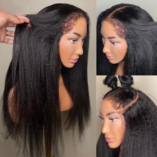 4C Edges Kinky Straight Wig Human Hair 13x6 UHD Lace Frontal Wigs Pre-Cut Pre-Plucked 200% Density Yaki Straight Human Hair Wig Black Pre-Bleached Tiny Knots 18 Inches Chrismas Party Wigs