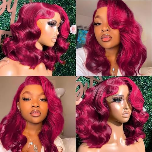 Burgundy Lace Front Wigs Human Hair Bob Wig Human Hair 99J 13x4 Body Wave Lace Front Wig Pre Plucked Short Body Wave Bob Wig 200% Density Wine Red Wigs Human Hair for Women 14 Inch