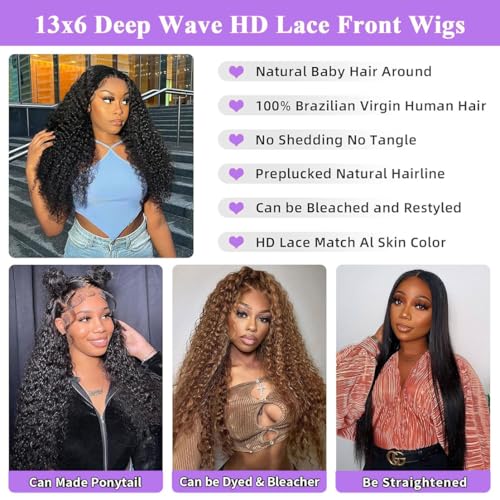 32 Inch Deep Wave Lace Front Wig Human Hair Pre Plucked 200% Density 13x6 HD Lace Frontal Wigs For Women Human Hair Deep Wave Curly Wigs Human Hair Natural Black