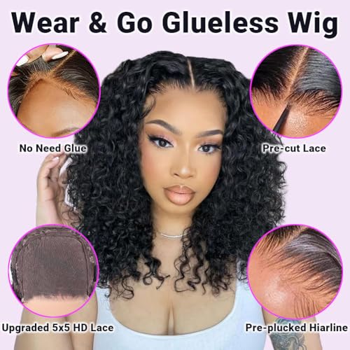 Wear and Go Glueless Wigs Human Hair Pre Plucked Pre Cut 5x5 HD Lace Closure Wigs Human Hair Ready to Wear Water Wave Lace Front Glueless Wig for Black Women Curly Wig Natural Black 16 Inch