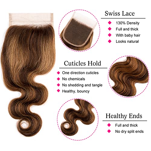 Ombre Body Wave Highlight Bundles with Closure 3 Bundles with 4x4 Lace Closure Free Part Virgin Brazilian Hair Weave (10 12 14+8, P4/27)