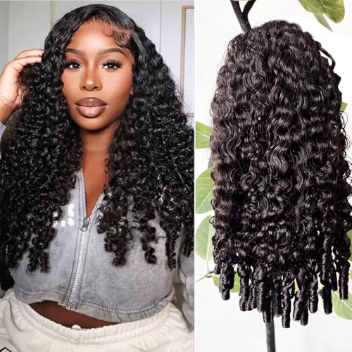 Half Wig Human Hair for Women 24 Inch Burmese Curly Glueless Clip-In Wigs 250% Density 3 IN 1 Half Wigs Flip Over Beginner Friendly Go Drawstring Wig No Glue No Sew Natural Color & Easy Install