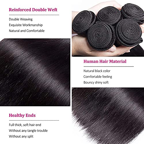 Straight Human Hair Bundles With Closure 18 20 22+16closure 100% Unprocessed Remy Brazilian Virgin Straight Hair 3 Bundles with 4x4 Free Part Closure 9A Remy Human Hair Extensions Natural Color