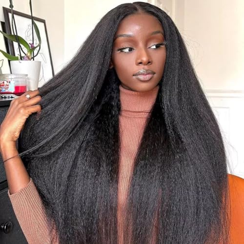 Kinky Straight Half Wig Human Hair Glueless Wigs 3 In 1 Half Wig Human Hair 180% Density Drawstring Seamless Flip Over Wear and Go Wig Invisible Hairline Beginner Friendly 24 Inch