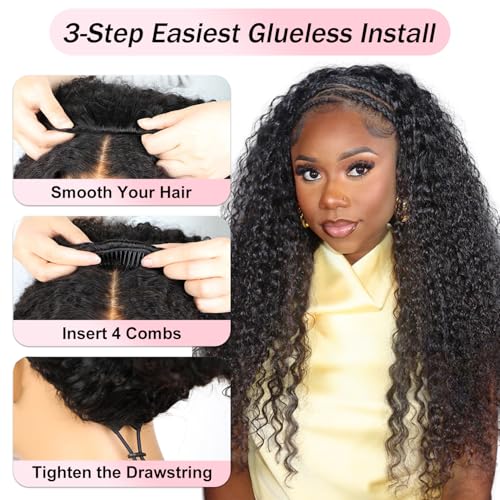 BGM GIRL Half Wig Human Hair Water Wave 3 in 1 Wigs Beginner Friendly Flip Over Drawstring Glueless Wig Ready to Go Seamless Clip in Wigs Natural Black Color 20 Inch