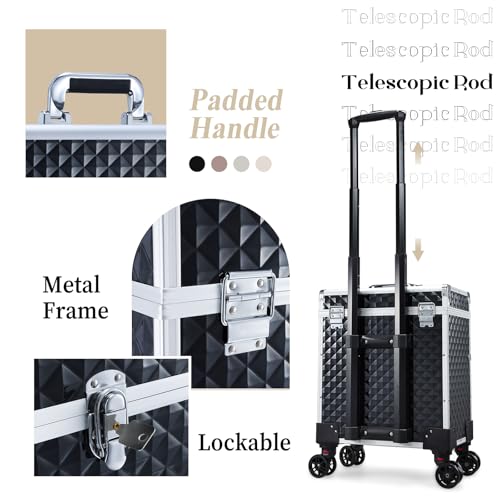 Adazzo Professional Rolling Makeup Case with Drawer for Makeup Artists Cosmetic Train Case Large Storage Case for Nail Technicians Cosmetology Case with Detachable Bag for Hairstylist Black