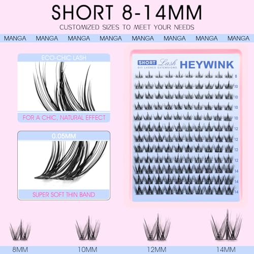 Manga Lash Clusters Kit Natural Lashes Clusters Short 8-14mm CC Curvature Lash Extension Kit Eyelash Extension Wispy Lash Clusters Individual Lash Wispy Eyelashes Clusters(Manga Short Kit)