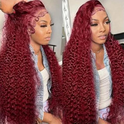30 Inch Burgundy Wig Human Hair 99j Burgundy 13x6 Deep Wave Lace Front Wigs Human Hair Pre Plucked HD Transparent Lace Frontal Wigs for Black Women Red Colored Wig