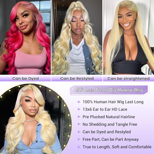 32 Inch 613 Lace Front Wig Human Hair 200 Density Blonde Wig Human Hair 13x6 613 Body Wave HD Lace Frontal Wigs Human Hair Pre Plucked No Tangle No Shedding