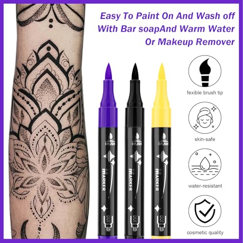 Ponhey Temporary Tattoo Markers for Skin, 24 Body Markers+67 Large Tattoo Stencils,Dual-End Tattoo Pens,Fine Lines with Cosmetic-Grade,Flexible, Skin-Safe Face Paint Kit for Kids Teenage Adults