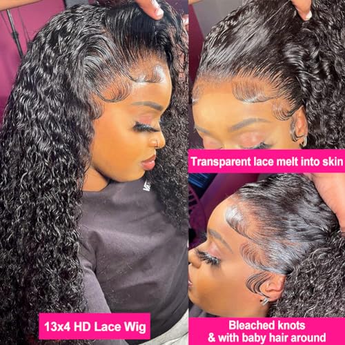 Pizazz 13x4 HD Transparent Lace Front Wigs Human Hair with Baby Hair Bleached Knots Black Color 180 Density Brazilian Deep Wave Human Hair Wigs for Black Women(24 Inch, Black color)