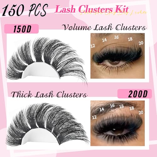Lash Clusters Kit 150D+200D Thick Lash Clusters Eyelash Extension Kit 12-20mm Individual Lashes Kit with Lash Bond and Seal, Lash Tweezers for DIY Lashes Extension by INSPEAUTY