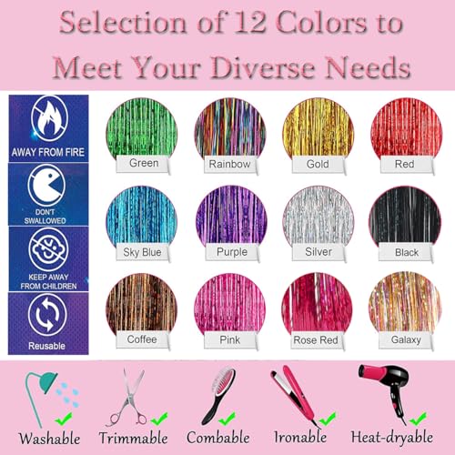Hair Tinsel Tools Kit,Fairy Hair Strands for Women & Girls,Easy Apply Hair Highlights for Party, Festival & Daily Use (12 Colors+Tools, 47 Inches)