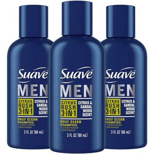 Suave Men Body Wash 3-in-1 Citrus Rush ? Travel-Size Shampoo, Conditioner & Body Soap All-in-One Formula with Keratin for Healthy Hair & Skin, 3 Oz Ea (Pack of 3)