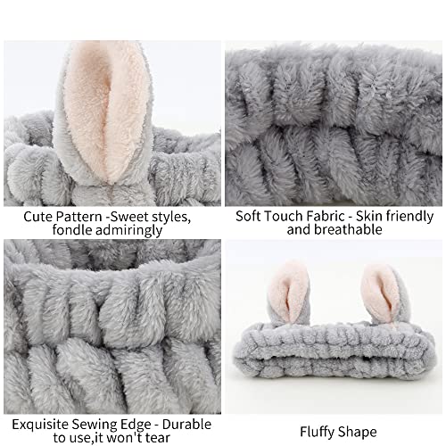 AHONEY Animals Ears Headbands, Cute Makeup Spa Fuzzy Skincare Headband for Washing Face Headband for Women Girls Coral Fleece Elastic Hair Band Cosplay Makeup Party, 4Pcs
