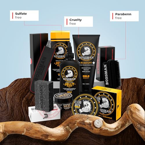 Bossman Big Boss Beard Care Kit for Men - 7 Piece Beard Grooming Kit with Jelly Beard Oil, Beard Conditioner, Beard Balm, MUDstache Wax, Bar Soap, Metal Comb, Brush - Gift Set for Men (Gold)