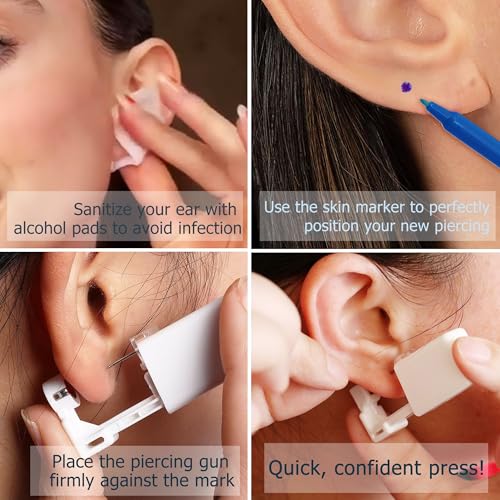 KRFY Ear Piercing Kit Sets, Disposable Stainless Steel Ear Piercing Gun with Preloaded Stud Earrings for Women, Self Pierce Studs Kit Tool, Flat Back Hoop Earrings Cartilage Jewelry Gold Plated/Silver