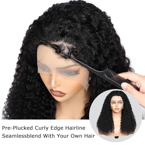 4C Edges Kinky Curly Lace Front Wigs Human Hair 13x4 HD Transparent Lace Frontal Wigs with Curly Edges Baby Hair 200% Density Deep Wave Curly Wig Pre-Plucked Hairline (18Inch Natural Black)