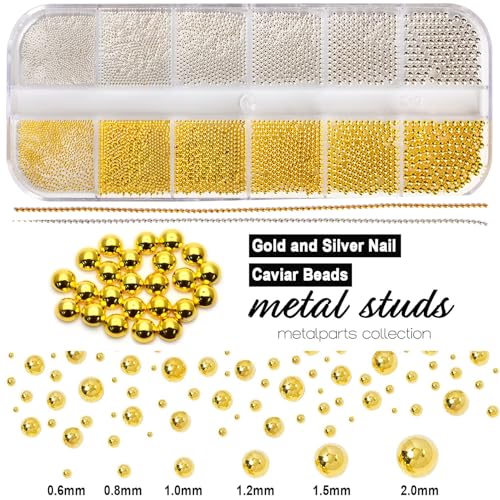 4390pcs Gold Nail Charms Caviar Beads for Nails, 2 Box Silver & Gold Beads for Nails and Flatback Pearls for Nail Art Supplies, Chloe Golden Caviar Chain for Nail Decals Jewelry Accessories