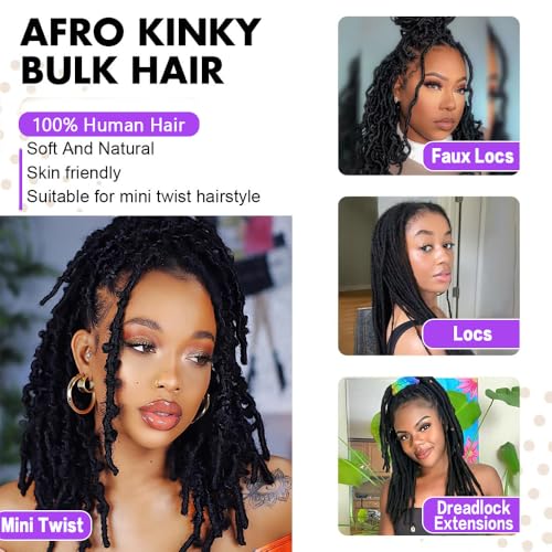 16 Inch Afro Kinkys Bulk Human Hair for Dreadlocks Extensions and Locs Repair 1 Pack 50 Gram Natural Black Color Afro Kinky Curly Human Hair Bulk for Twist