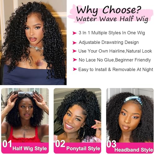 22 Inch Half Wig Human Hair 200% Density Wear Go Glueless Water Wave Half Wigs 3 In 1 Seamless Flip Over Curly Wig Adjustable Drawstring Beginner Friendly Headband Wig for Women