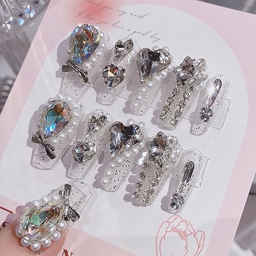24Pcs Medium Press on Nails Large 3D Rhinestones Artificial Nails White Fake Nails Glossy False Nails Pearl Press on False Nails Handmade Manicure Designed for Beautiful Women Glitter