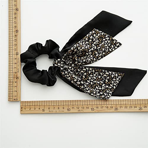Bandana Hair Scrunchies with Ribbon Bow Scarf Scrunchies for Women, Elegant Floral Hair Ties Plaid Scarf Scrunchies (6 PCS Double Layer)