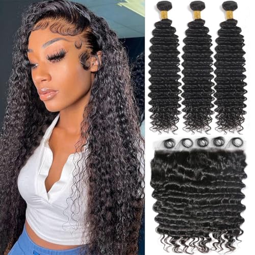 Deep Wave 3 Bundles with Frontal 13x4 Free Part Lace Frontal with Bundles 100% Unprocessed Virgin Human Hair Extensions Natural Color (22 24 26+20)