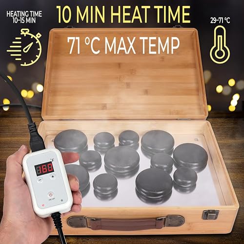SereneLife Massage Stone Heater Box Set-Electric Spa Portable Heated Rocks Massage Stones and Warmer Set - Heat Rock Massaging Kit 12 Large/Small Black Stone Set w/Bamboo Heating Case PSLMSGST65.5