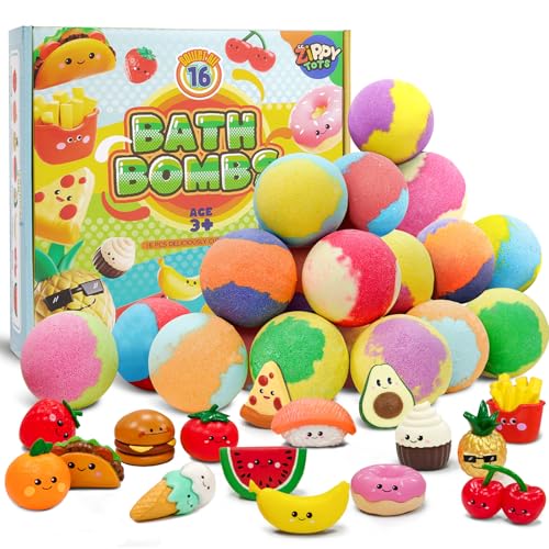 Kids Bath Bombs with Food Toys Inside, 16 Pack Colorful Surprise Bath Fizzies Set, Organic Fizzy Bubble Bath Bombs for Girls & Boys, Ages 3+
