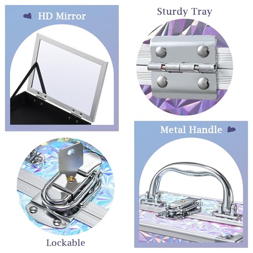Costravio Makeup Box Organizer with Mirror, Makeup Case Train Case for Girls Women Kids Make up Box Makeup Case Organizer with Lock and Key Storage Vanity for Polishes Cosmetic Jewelry, Shiny Purple