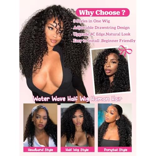 yosly Half Wig Human Hair Water Wave Glueless Wigs Curly Half Wig 3 In 1 Adjustable Drawstring Seamless Flip Over Invisible Hairline Wear Go Beginner Friendly Curly Half Wigs for Women 24 Inch