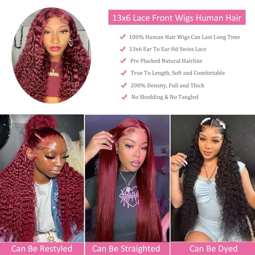 30 Inch Burgundy Wig Human Hair 99j Burgundy 13x6 Deep Wave Lace Front Wigs Human Hair Pre Plucked HD Transparent Lace Frontal Wigs for Black Women Red Colored Wig