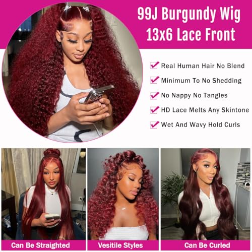 30 Inch Burgundy Wig Human Hair 99j Curly Human Hair Wig 13x6 Deep Wave Lace Front Wigs Human Hair Red Wine Transparent HD Lace Frontal Wig Pre Plucked Curly Human Hair Wig Triple Lifespan