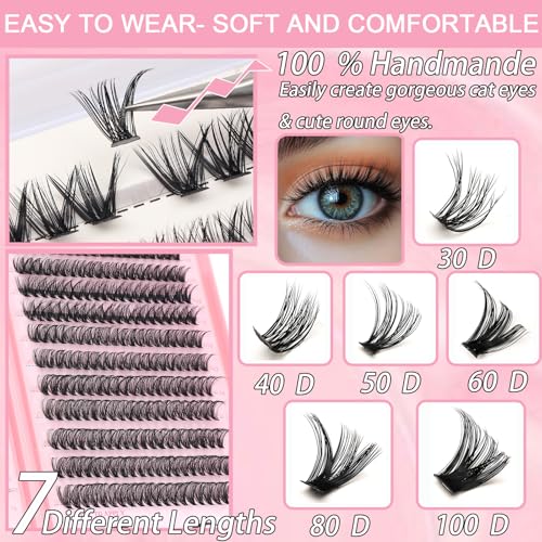 Lash Clusters Kit, Eyelash Clusters Individual Lash Extension Kit 480 Pcs D Curl Fluffy Wispy False Eyelashes Extensions Thin Band with Bond Seal Tweezers Brush Removers (30D+40D KIT 9-16mm)